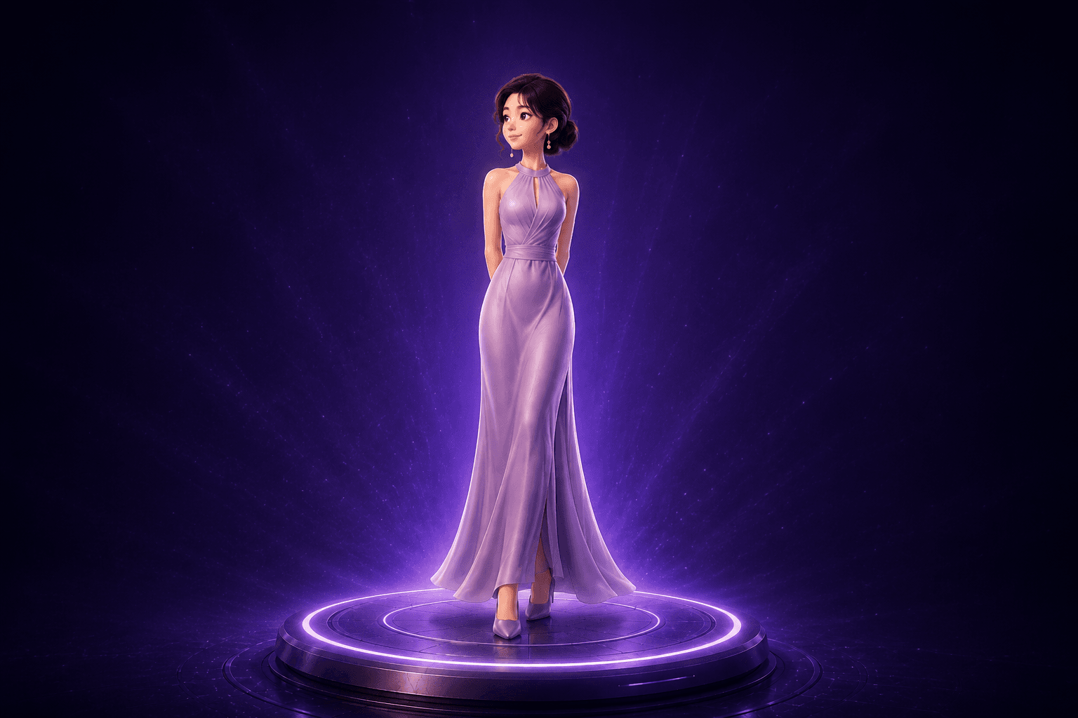 3D illustration of Xiao Liang standing on a glowing circular platform in an elegant lavender gown