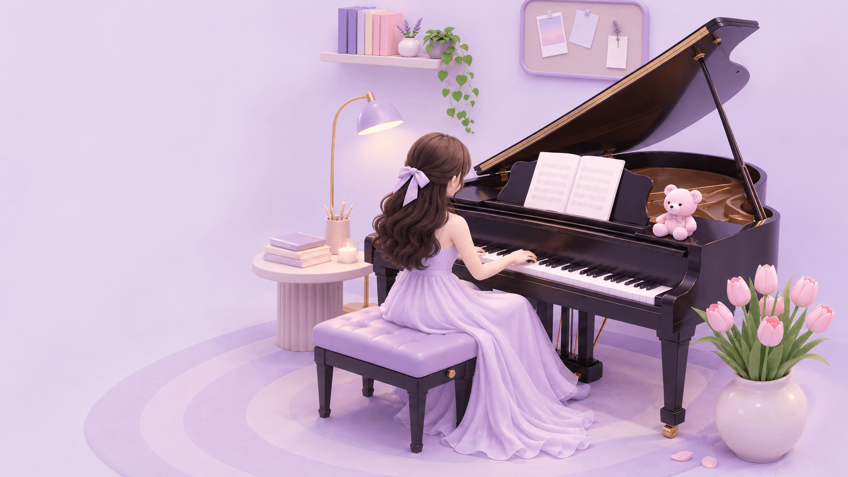 3D illustration of a girl playing a grand piano in a soft lavender room, with a pink teddy bear on the piano and a vase of tulips nearby